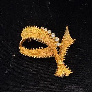 Gold Ribbon Bow Brooch with Crystal Accents - Women Jewelry